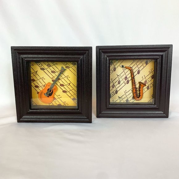Framed Guitar and Saxophone Shadowboxes Glass Front Brown Trim Vintage - Picture 1 of 12